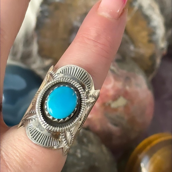 Turquoise sleeping beauty statement southwestern sterling silver ring - Picture 2 of 5